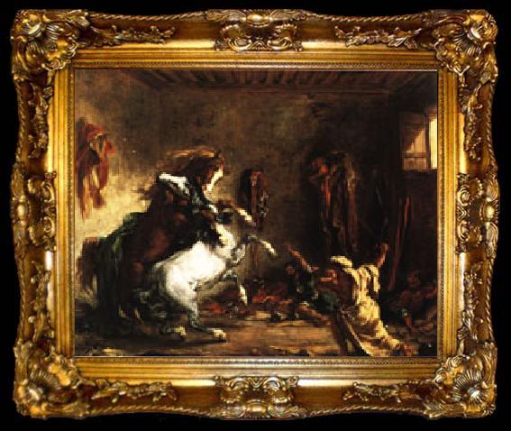 framed  Eugene Delacroix Arabian Horses Fighting in a Stable, ta009-2